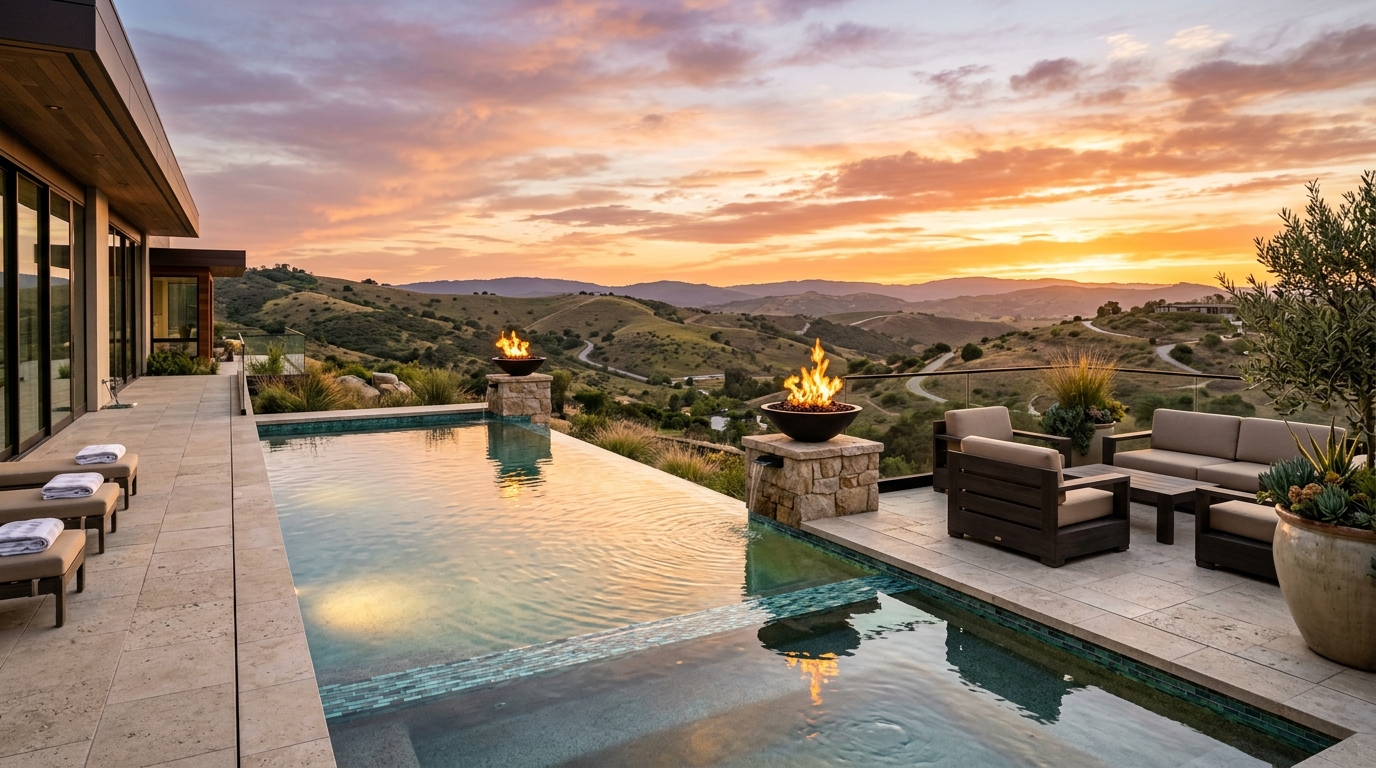 Calabasas Hillside Vanishing Edge Infinity Pool with Fire Bowls