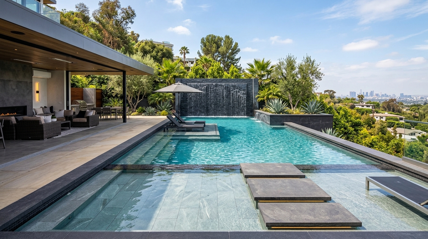 Studio City Contemporary Lap Pool with Sheer Descent Water Wall and Floating Steps