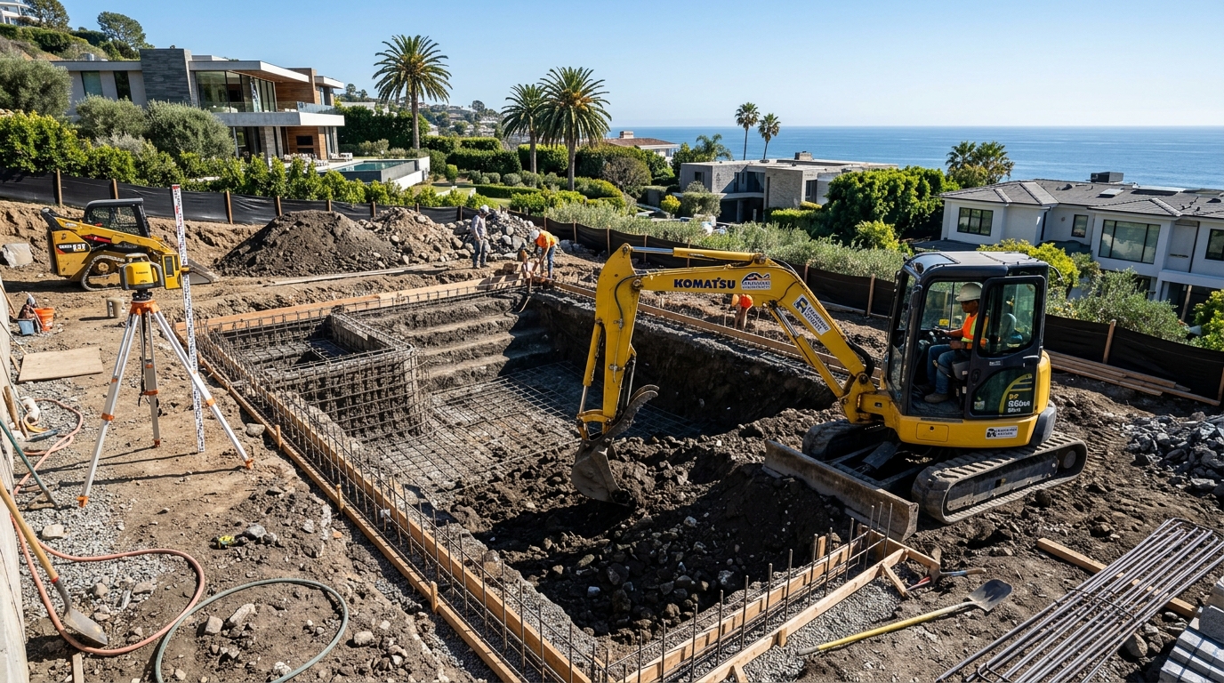 Komatsu hydraulic mini-excavator digging swimming pool basin on hillside property with ocean view
