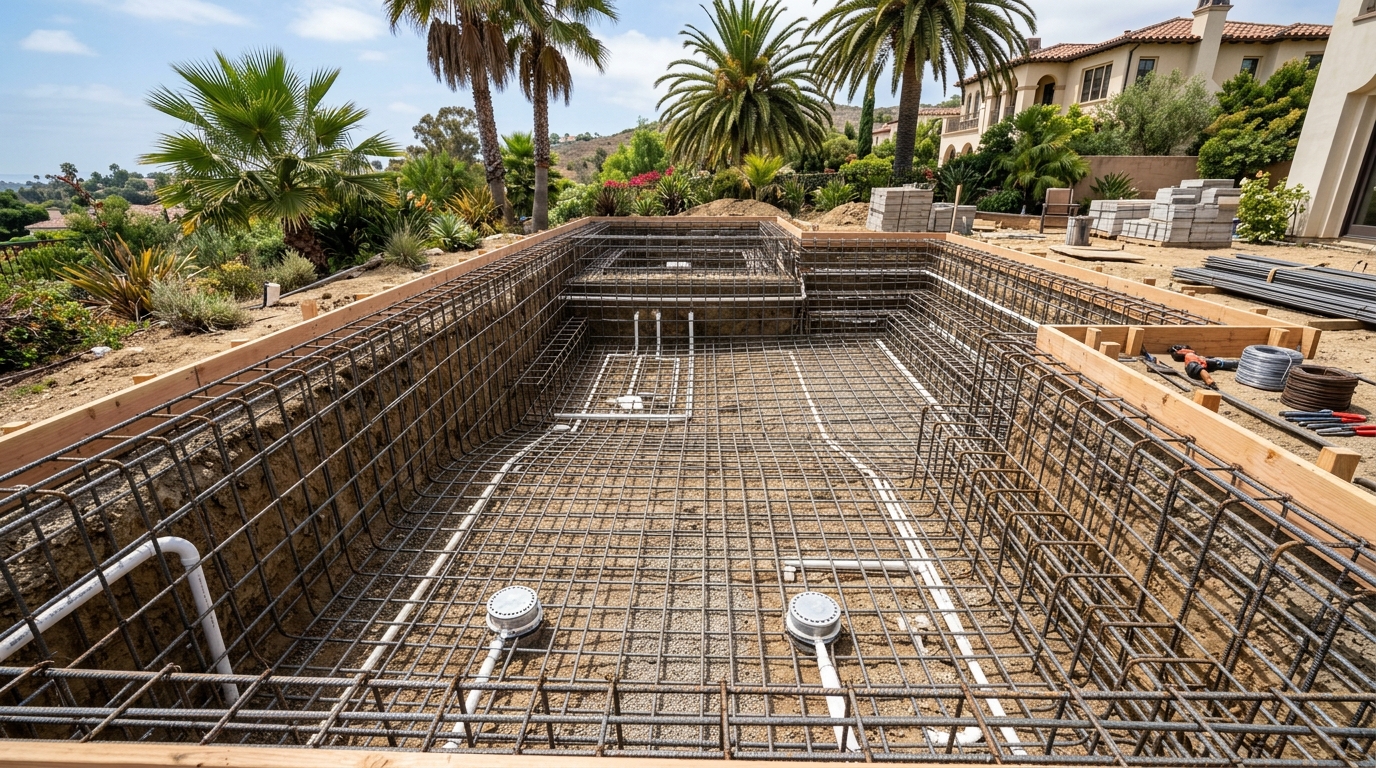 Tightly tied Grade 60 rebar structural cage and PVC plumbing conduits in custom pool basin