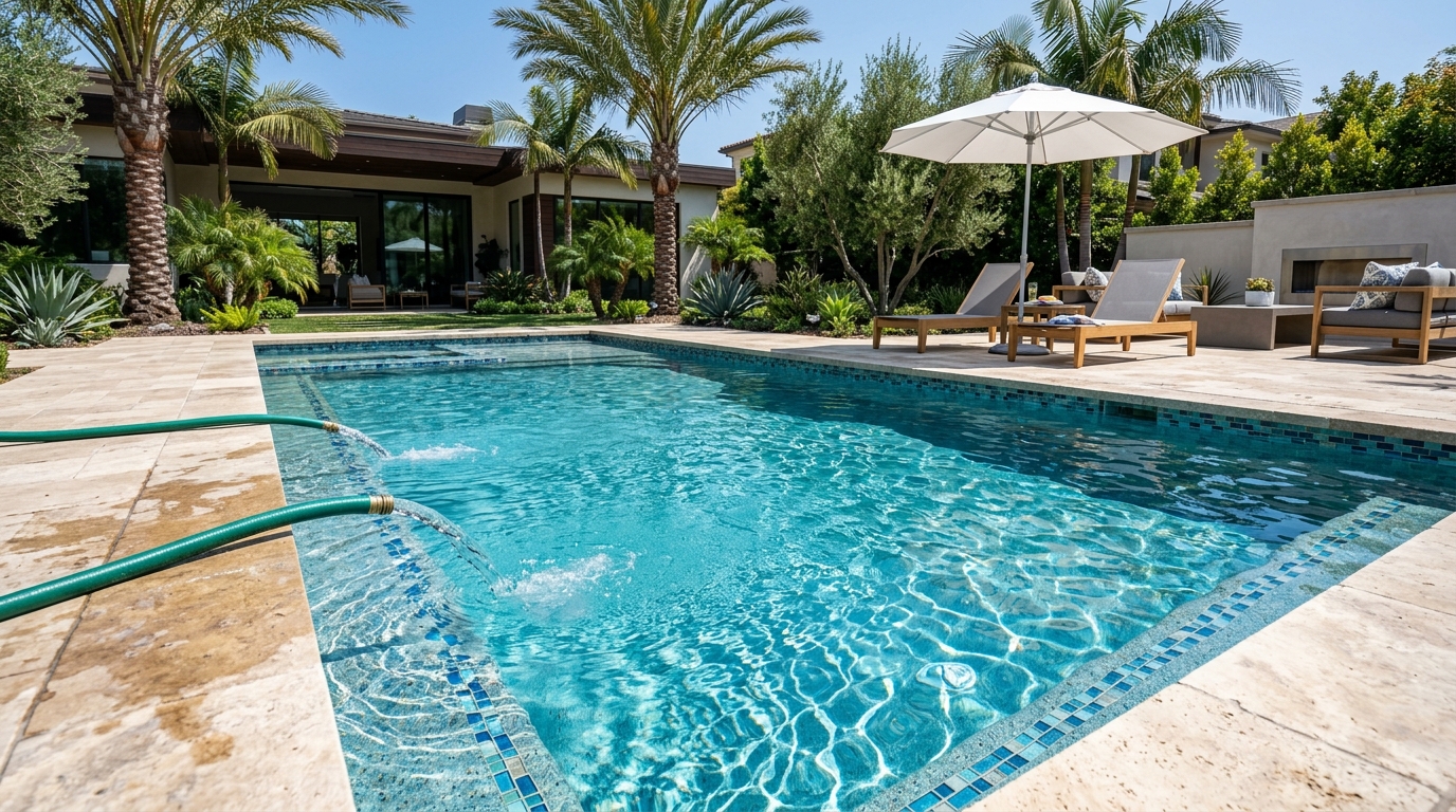 Luxury custom pool with travertine coping and crystal azure water being filled with hoses in finished backyard oasis